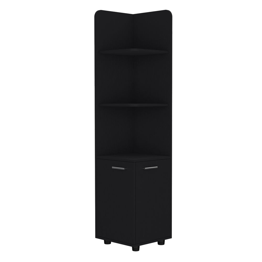 English Elm Malibu 62" Tall Corner Linen Cabinet Black Particle Board with Double Doors, 4 Shelves, Modern Legs B070P210744