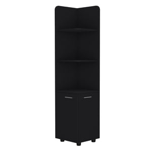 English Elm Malibu 62" Tall Corner Linen Cabinet Black Particle Board with Double Doors, 4 Shelves, Modern Legs B070P210744