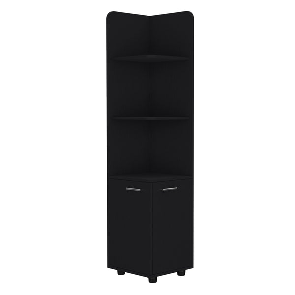 English Elm Malibu 62" Tall Corner Linen Cabinet Black Particle Board with Double Doors, 4 Shelves, Modern Legs B070P210744