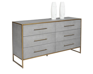 Sunpan VENICE Dresser - Luxurious Grey Shagreen Six-Drawer Storage with Antique Brass Accents for Glam Spaces 105441