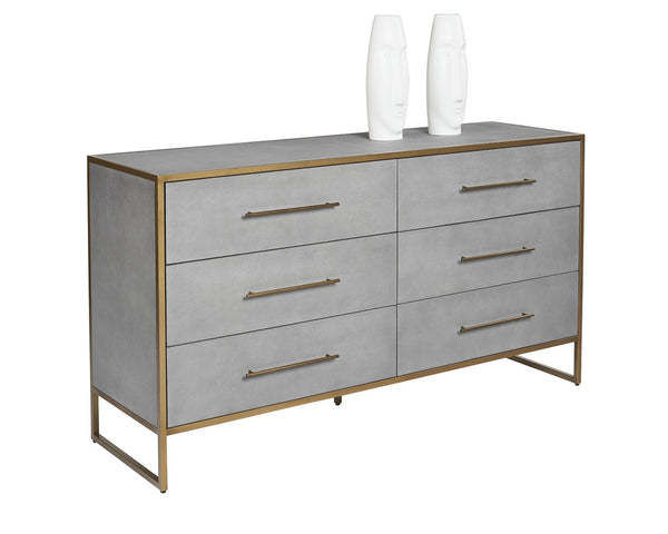 Sunpan VENICE Dresser - Luxurious Grey Shagreen Six-Drawer Storage with Antique Brass Accents for Glam Spaces 105441