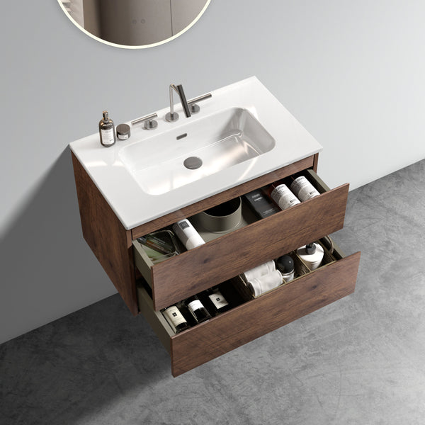 English Elm Alice Floating Bathroom Vanity Rosewood Finish Engineered Stone Basin Triple Drawer W1865S00234