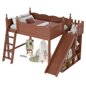 English Elm Twin Loft Bed Solid Pine Frame with Wardrobe Shelving Detachable Slide Kids Room Antique Natural W5305S00025