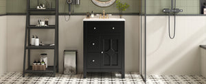 English Elm 24" Modern Bathroom Vanity with Ceramic Basin, French Country Cross-Grid Design & Soft-Close Drawers Black N710P280655B