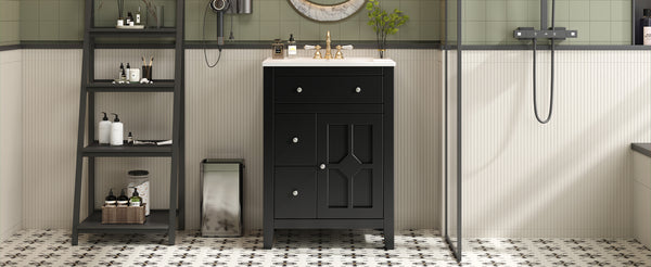 English Elm 24" Modern Bathroom Vanity with Ceramic Basin, French Country Cross-Grid Design & Soft-Close Drawers Black N710P280655B