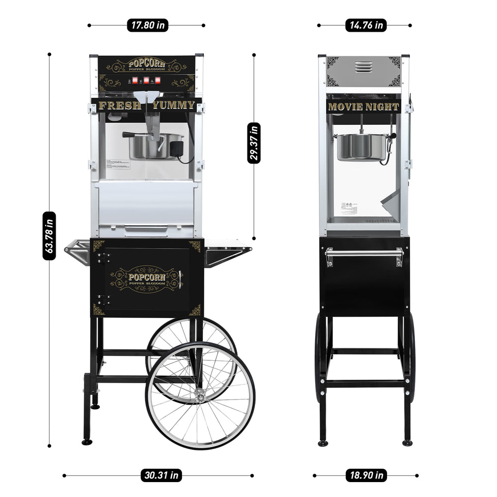 English Elm Commercial Popcorn Machine Vintage Cart Style with 20oz Kettle Warming Deck Glass Black W2841P272022