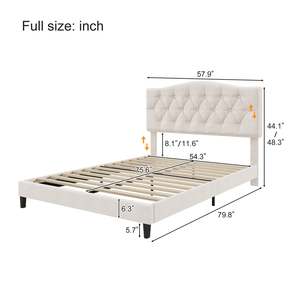 English Elm Upholstered Diamond-Tufted Platform Bed with Two-Position Adjustable Headboard and Sturdy Support Beige 59.25 L x 26.93 W x 5.24 H N701P342940B