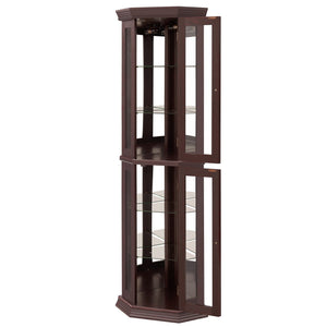 English Elm Lighted Corner Curio Cabinet - Elegant Glass Display With Adjustable Shelves & Ambient Lighting - Dark Cherry W1758P300130