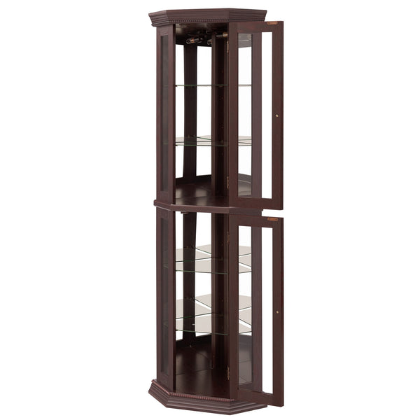 English Elm Lighted Corner Curio Cabinet - Elegant Glass Display With Adjustable Shelves & Ambient Lighting - Dark Cherry W1758P300130