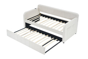 English Elm Twin Upholstered Daybed with Trundle Sofa Bed for Guest Room, Pine Wood Frame, Velvet Upholstery, Sturdy Slat Support and Full-Length Comfort Beige W1361S00020