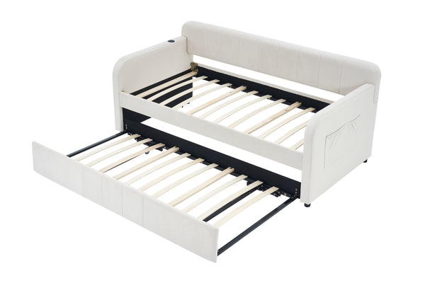 English Elm Twin Upholstered Daybed with Trundle Sofa Bed for Guest Room, Pine Wood Frame, Velvet Upholstery, Sturdy Slat Support and Full-Length Comfort Beige W1361S00020