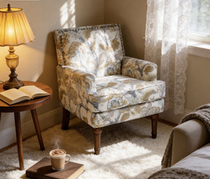 English Elm Accent Slipper Chair Botanical Tapestry Upholstery Nailhead Trim Solid Wood Legs Farmhouse Earthy Yellow W5568P445701