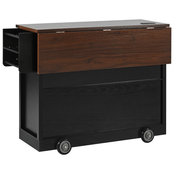 English Elm K&K 54" Farmhouse Kitchen Island Cart with Drop Leaf, Wine Rack, Power Outlet and Rolling Storage Black N707P349814B