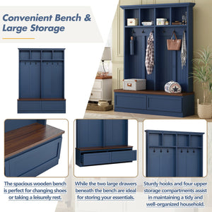 English Elm Rattan Door Hall Tree Bench with 6 Hooks Farmhouse Entryway Storage Blue N721S000076C