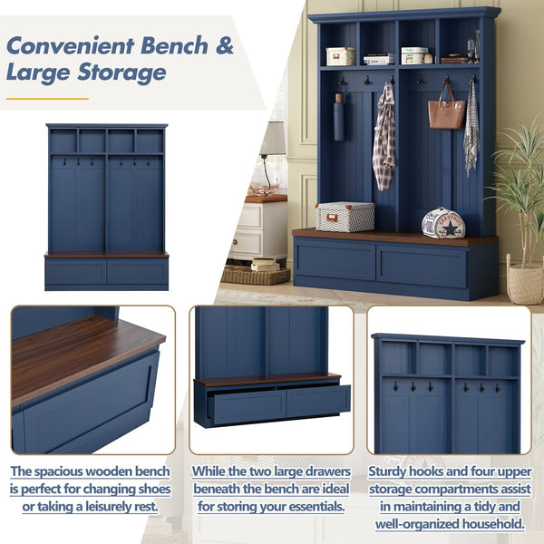 English Elm Rattan Door Hall Tree Bench with 6 Hooks Farmhouse Entryway Storage Blue N721S000076C
