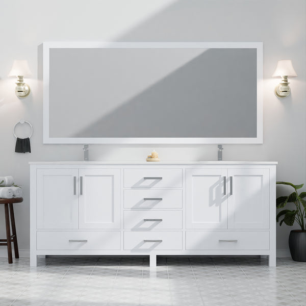 English Elm White Double Bath Vanity 80 in. W x 22 in. D with White Quartz Top, Chrome Faucets, 30" Mirrors, Durable Finish B2731S01055