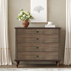 English Elm Large Antique Style 4-drawer Chest with Crown Molding Roman Legs Bedroom Storage Deep Rustic Brown W1445P422422