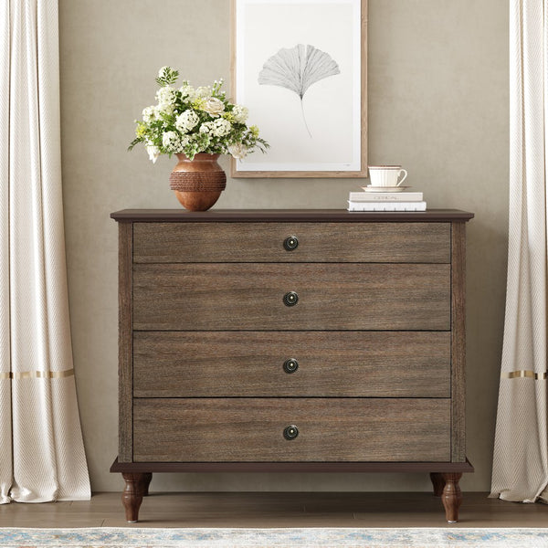 English Elm Large Antique Style 4-drawer Chest with Crown Molding Roman Legs Bedroom Storage Deep Rustic Brown W1445P422422