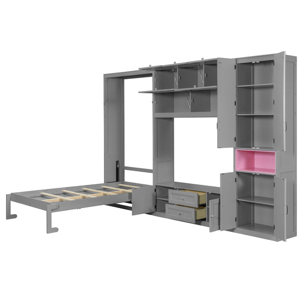 English Elm Twin Murphy Wall Bed with Integrated Tv Stand Open Shelving and Cabinet Storage LP000768AAE