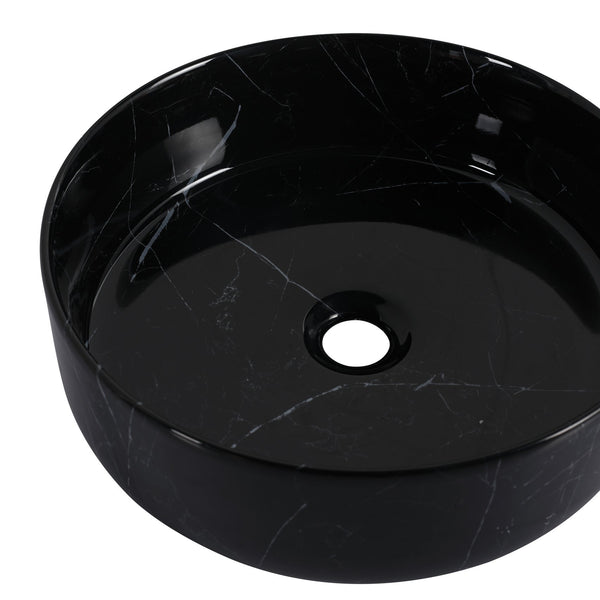 English Elm Ceramic Vessel Sink Round Above Counter Art Basin Black White Patterned Bath W999P418283