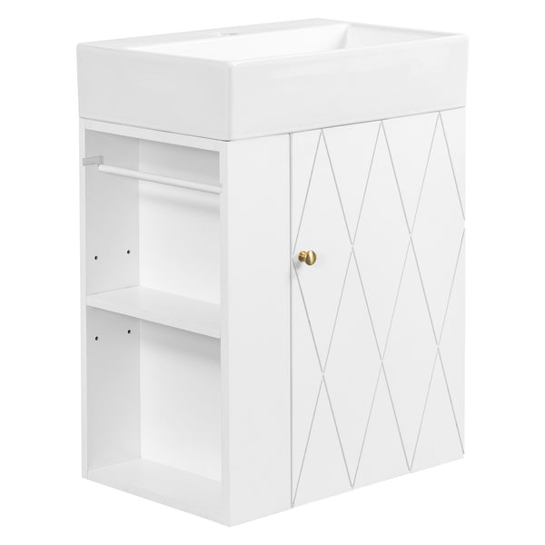 English Elm 20 Modern Wall-Mounted Bathroom Vanity with Ceramic Sink, Diamond Door, Gold Handles & Shelves — Compact White N725P314033K