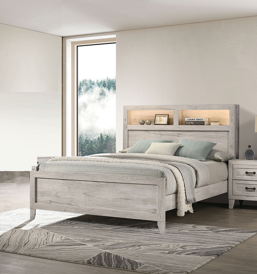 English Elm Simple Full Platform Bed Tufted Headboard with Led Lighting Shelves White Wash Finish B2741S00222