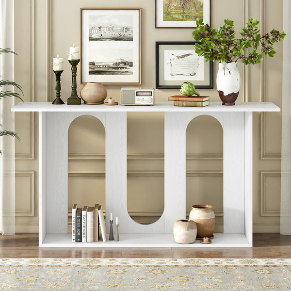 English Elm U_Style Modern Curved Ash Veneer Console Table With Storage Shelf For Entryway, Foyer, Or Hallway N711P241287K-GIGA