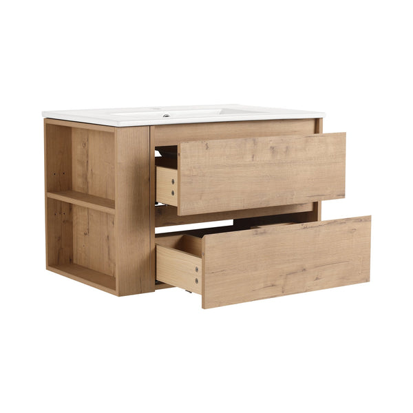 English Elm 30" Wall-Mount Bathroom Vanity With Ceramic Sink, Soft-Close Drawers & Configurable Side Shelf W999S00206