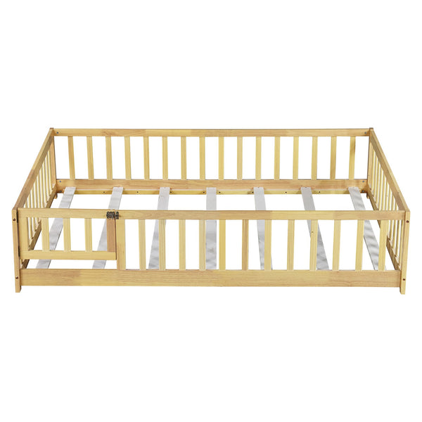 English Elm Twin Size Rubberwood Floor Bed with Safety Fence for Toddler Rooms Natural Finish W504P370533