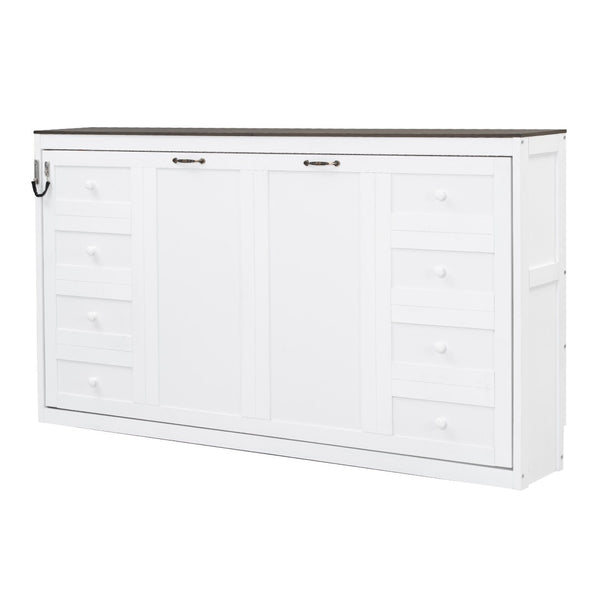 English Elm Twin Size Murphy Bed With Led Light – Stylish Space-Saving Wall Bed In White & Brown Cabinet Design N7090004013K-GIGA