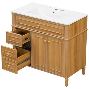 English Elm 36" Modern Bathroom Vanity with Ceramic Sink, Solid Rubber Wood & MDF, Flip Drawer, Soft-Close Doors N725P350825N
