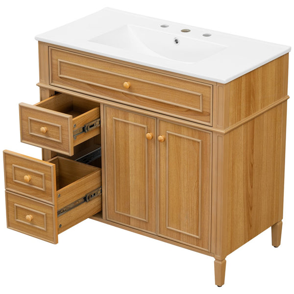 English Elm 36" Modern Bathroom Vanity with Ceramic Sink, Solid Rubber Wood & MDF, Flip Drawer, Soft-Close Doors N725P350825N