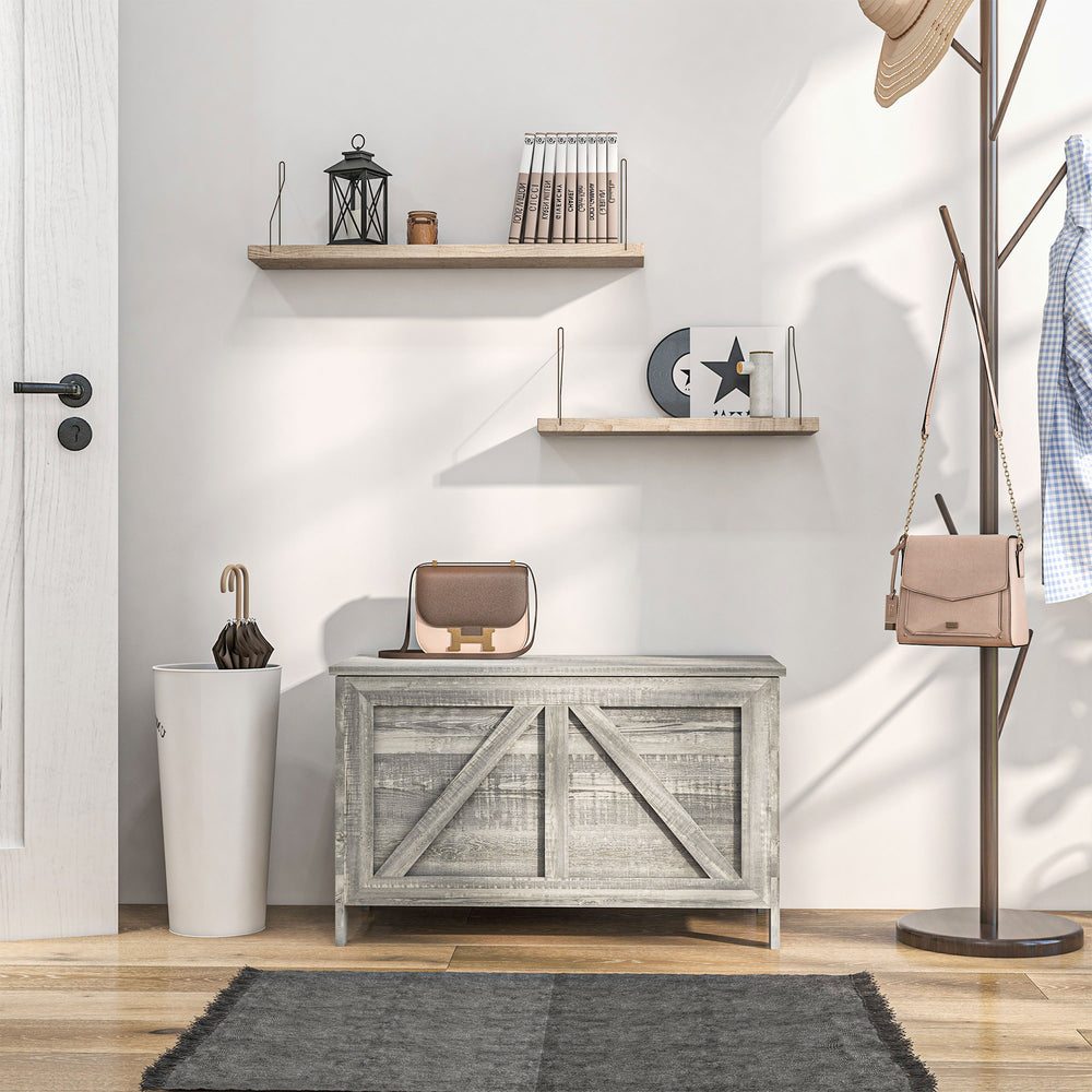 English Elm Homcom Farmhouse Lift Top Storage Chest with Safety Hinge Gray Wood Grain Finish W2225P217730