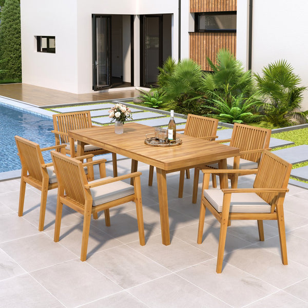English Elm Christopher Knight Home® - Durable 7-Piece Patio Dining Set With Acacia Wood Table & 6 Heavy-Duty Cushioned Chairs, Natural Finish N779P234497N-3_N779P234500N