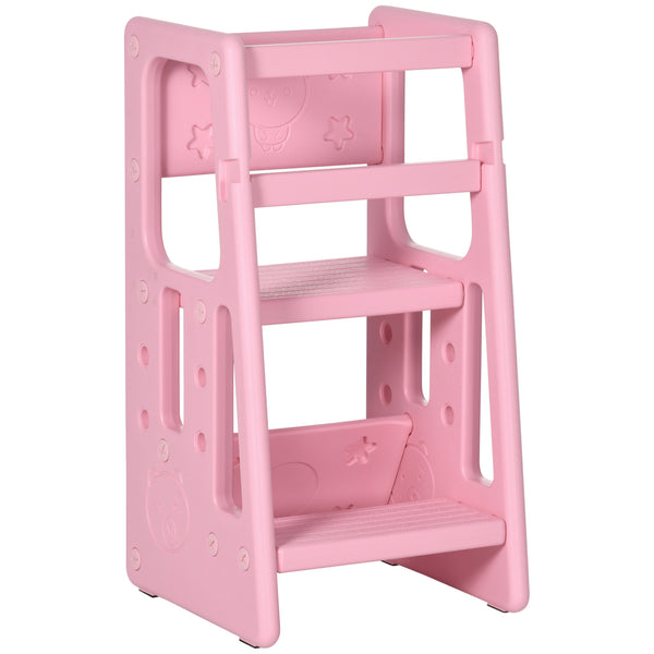 English Elm Qaba Adjustable Toddler Tower with 3 Heights, Anti-Slip Pads & Handrails, Easy-Clean Pink Step Stool W2225P200489