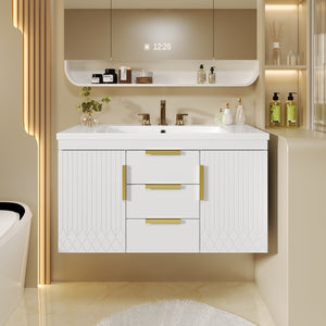 English Elm 36'' Wall Mounted Bathroom Vanity with Sink, Floating MDF Cabinet, 2 Drawers, Rust-Resistant Handles White N710P253035K