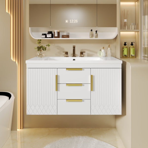 English Elm 36'' Wall Mounted Bathroom Vanity with Sink, Floating MDF Cabinet, 2 Drawers, Rust-Resistant Handles White N710P253035K