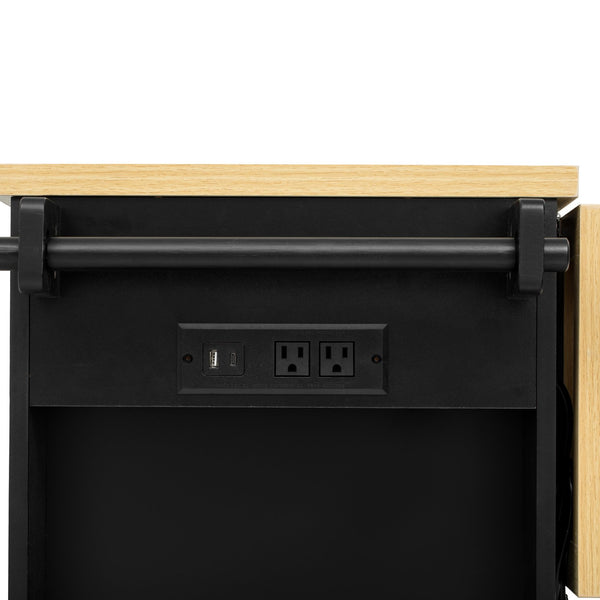 English Elm K&K Rustic Kitchen Island Cart with 6 Drawers, Pull-Out Trash Cabinet, Drop Leaf & Built-In Charging Station Black N707P307292B
