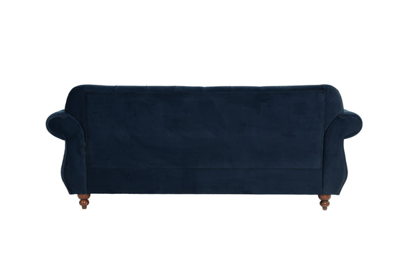 English Elm Formal Velvet Tufted Sofa with Silver Nailhead Trim and Rolled Arms — Elegant 93"L Living Room Statement piece Indigo 34 L x 34 W x 16 H B011S01694