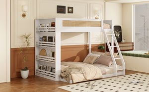 English Elm Twin Over Full Bunk Bed with Cane Guardrail Led Lighting and Built-in Bookshelf White LT000351AAK