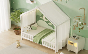 English Elm Montessori House Bed Frame Twin with Canopy & Full Guardrails, Cozy Kids Platform Bed for Toddlers White 81.5 L x 16 W x 6.6 H N733P356043K