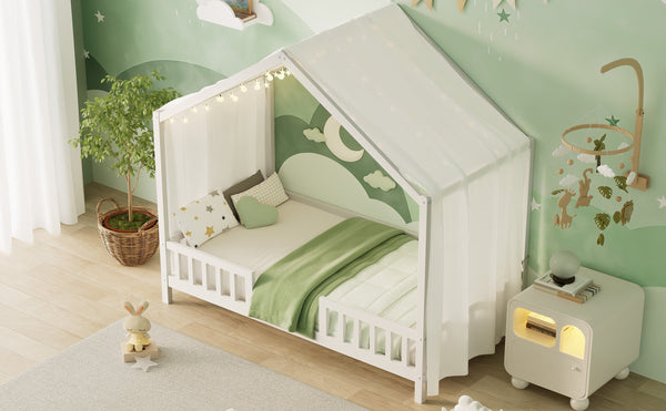 English Elm Montessori House Bed Frame Twin with Canopy & Full Guardrails, Cozy Kids Platform Bed for Toddlers White 81.5 L x 16 W x 6.6 H N733P356043K