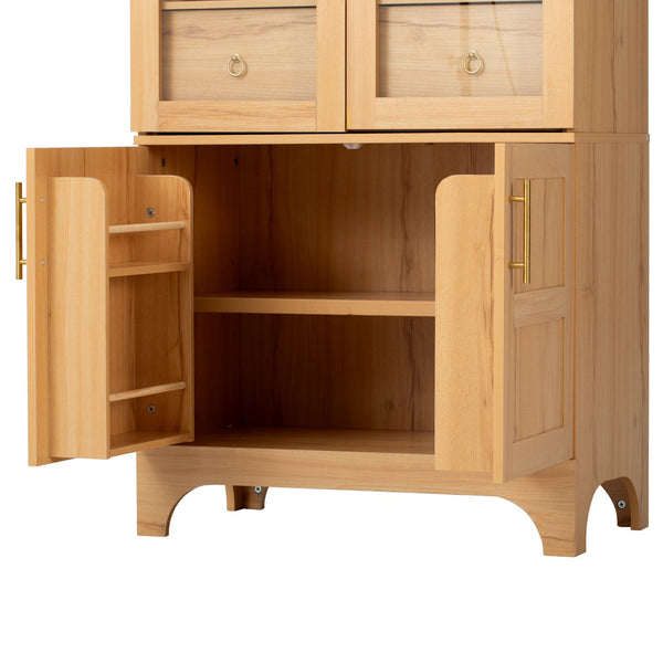 English Elm K&K Arched 71" Kitchen Pantry Cabinet with Glass Doors, Brass Handles, Adjustable Shelves & Drawer Natural N707P288969Y