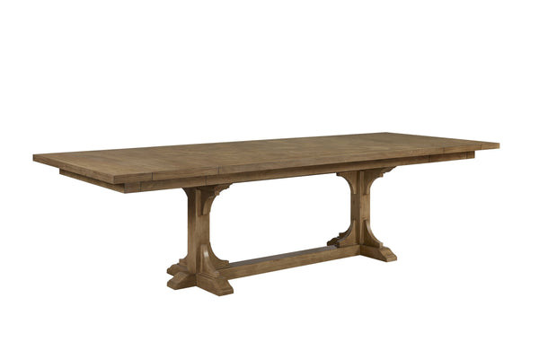 English Elm Trestle Solid Wood Dining Table with Hickory Geometric Veneer Top, Extends 84" to 114" with Leaves Almond 69 L x 27.5 W x 10.5 H B2699S00090