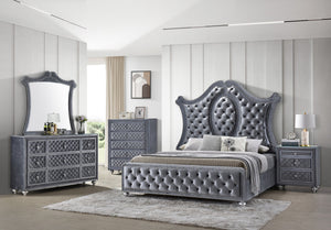 English Elm 1pc Cameo 5-Drawer Chest Velvet Tufted Front with Faux Crystal Knobs — Stylish Bedroom Storage Gray 64 L x 19 W x 42 H B011P228579