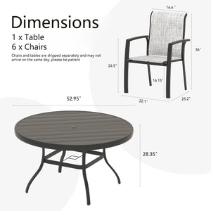 English Elm 7-Piece Patio Dining Set - Stylish Metal Round Table & 6 Stackable Textilene Chairs For Outdoor Fun! W213S00053
