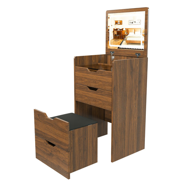 English Elm 3-in-1 Walnut Flip Top Vanity Desk with Led Mirror Stool Bedroom Dressing Table W2699P404631