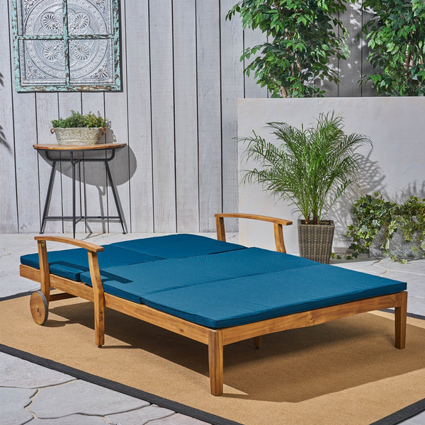 English Elm Christopher Knight Home® - Perla Double Chaise Lounge - Stylish Acacia Wood Seating With Plush Cushions For Ultimate Comfort 63357.00BLU