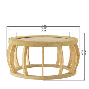 English Elm 35.43"vintage Woven Rattan Round Coffee Table Curved Wood Legs Boho Living Room W757P383547