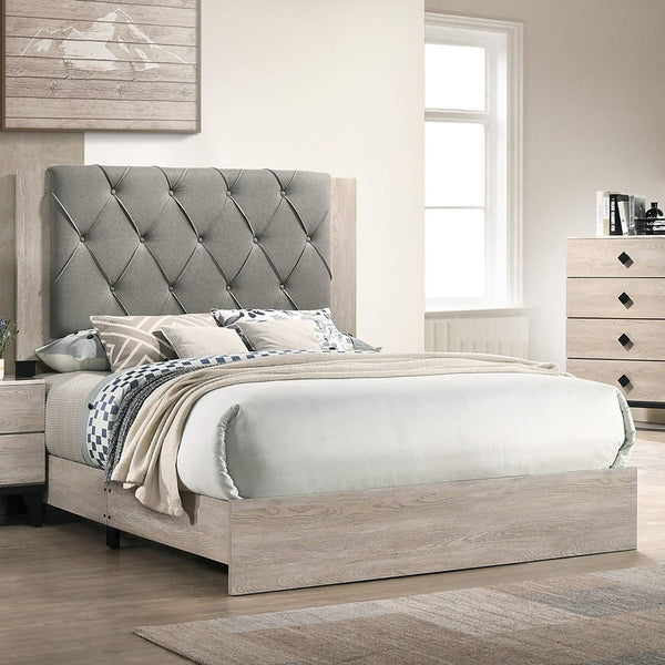 English Elm Contemporary Eastern King Bed With Cream Finish & Gray Tufted Headboard - Minimalist Chic Design B011P236792
